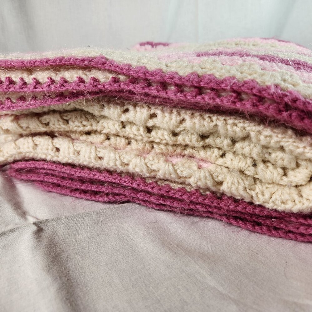 Granny Blanket Crochet Pink White Squares Color Hand Made 70 in x 58 in FastShip - Picture 8 of 8